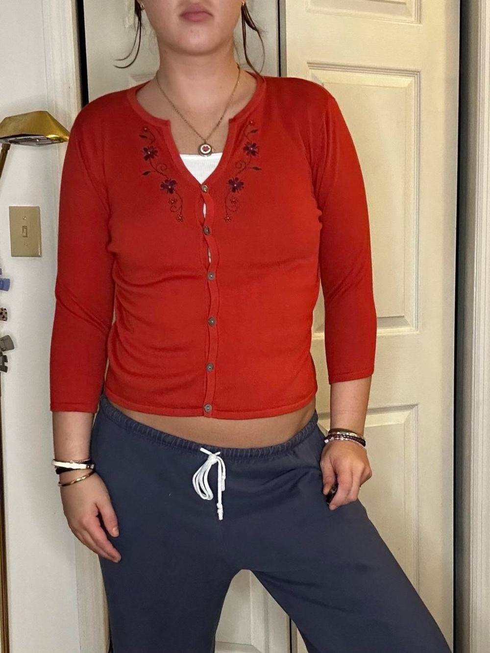 Women's Orange Button-Up Embroidered Cardigan Sweater
